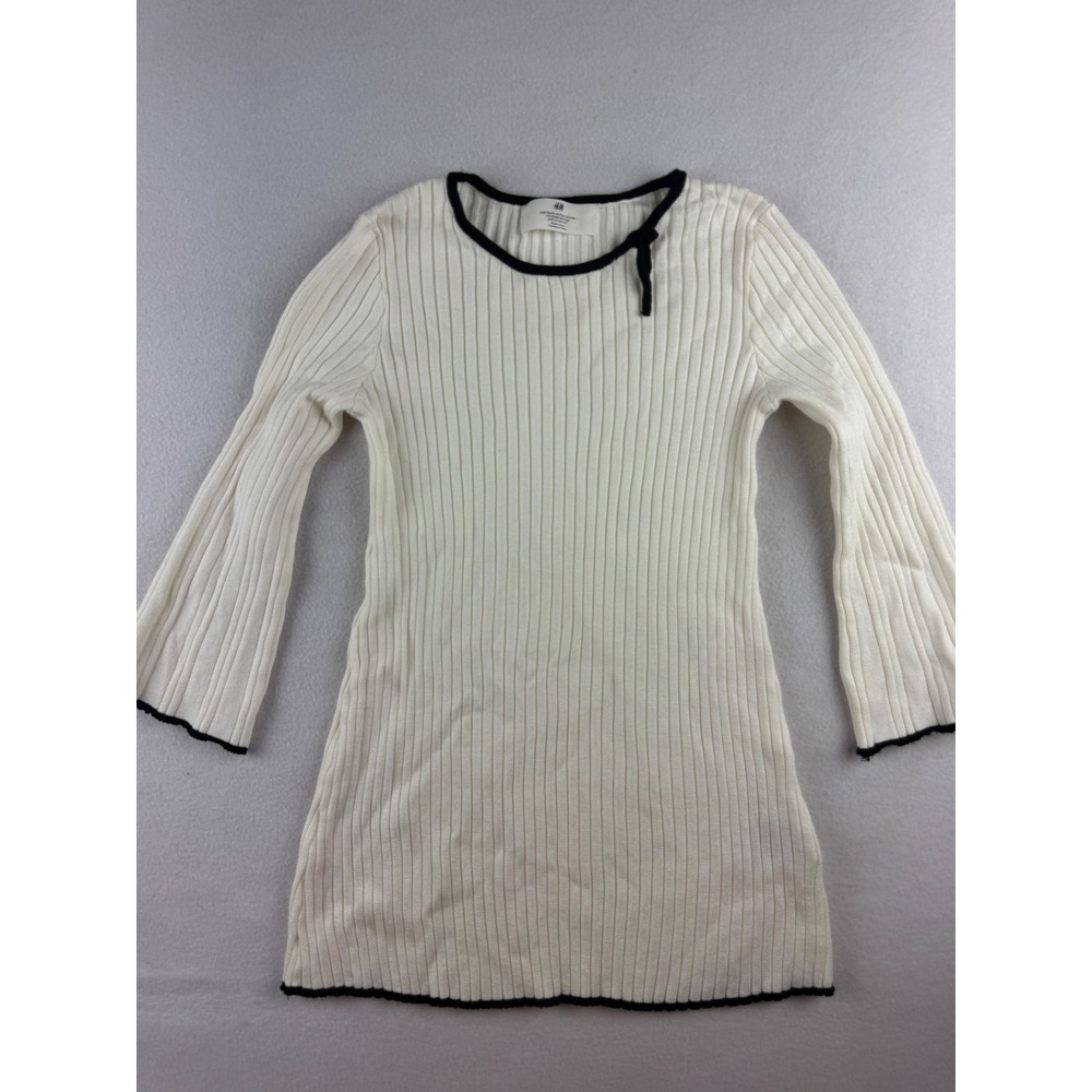 HM Womens Cream Ribbed Knit Bell Sleeve Sweater Top Contrast Trim Size 5-6